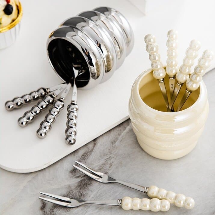 ins light luxury pearl fruit fork set creative colorful ceramic storage jar household stainless steel fruit fork storage jar