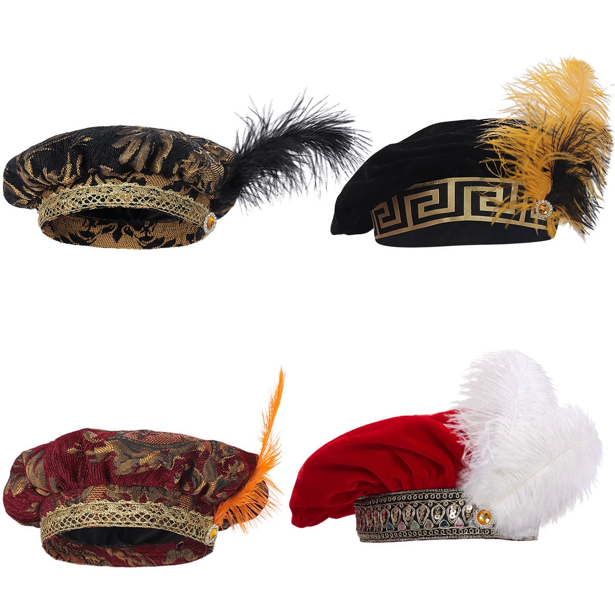 Men's Medieval Tudo Hat Feathered Waffle Top Hat Renaissance Tudor Flat Hat Costume Headgear