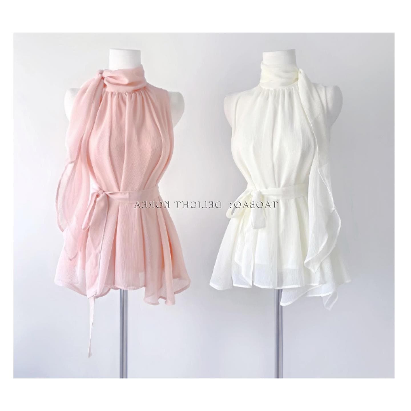 In Stock Dongdaemun Two-Way Wear Sweet & Gentle Style Pink Halter Sleeveless Chiffon Top (4 Colors)