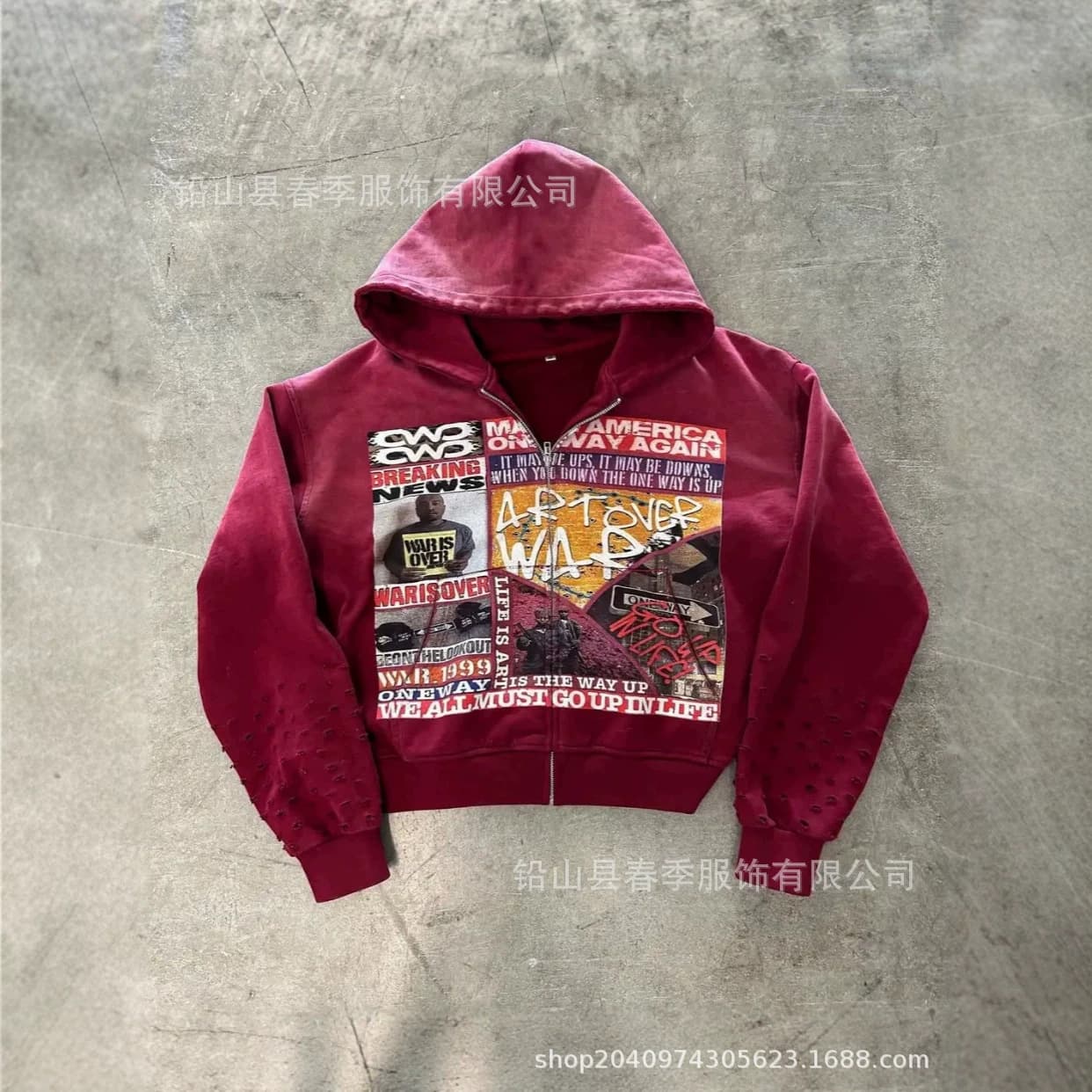 Niche disruptive style short hooded sweatshirt with hole sleeves Retro magazine digital print washed fashionable burgundy