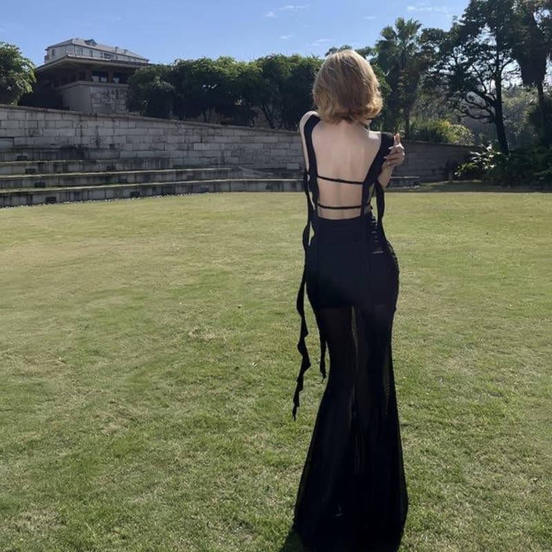 Black sexy royal sister style mesh splicing suspender dress for women in summer elegant and slim slim long skirt for women