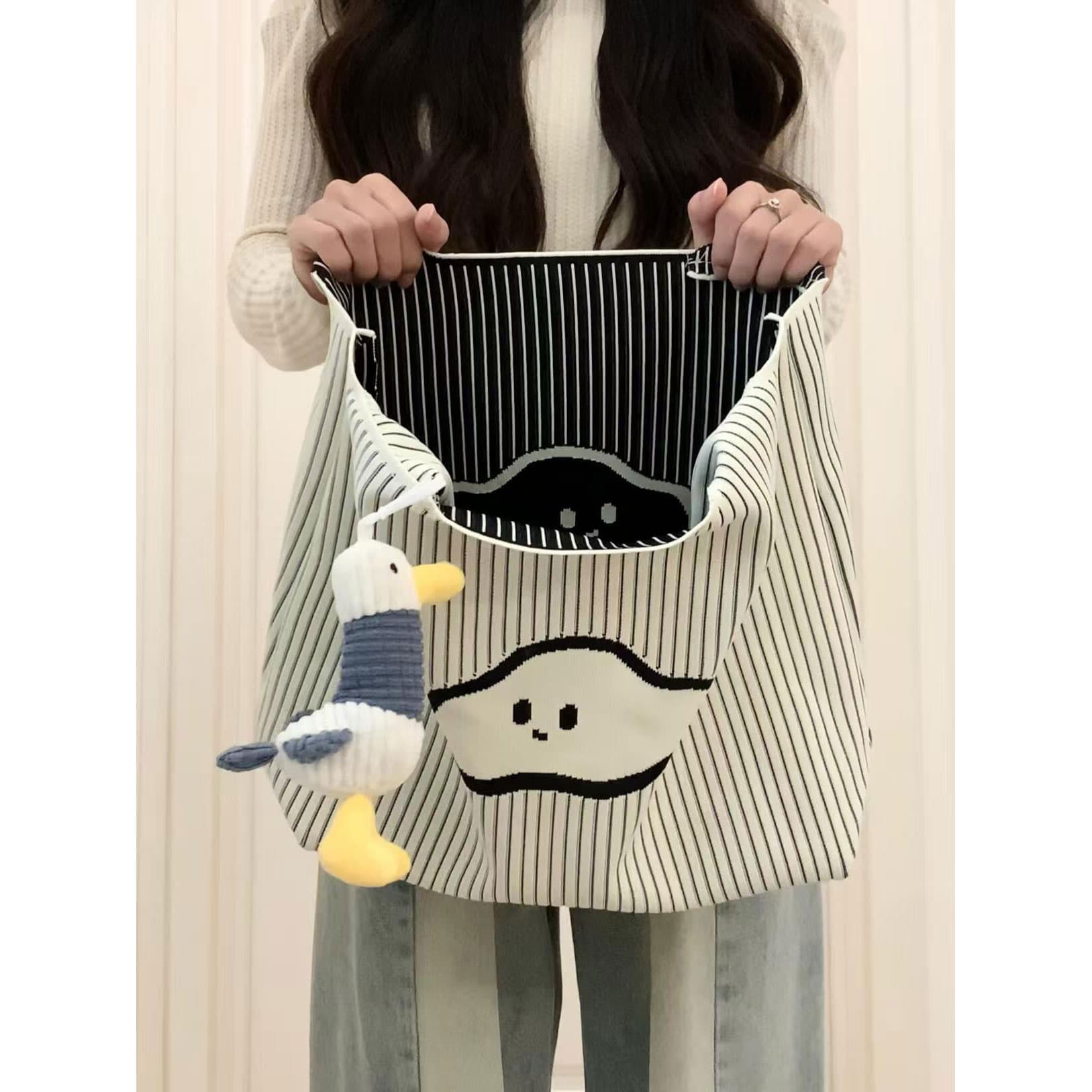 Cute Cloud Knitted Stripe Canvas Handbag for Women 5 New Large Capacity Shoulder Armpit Tote Bag Trendy
