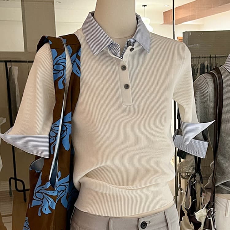 Fake Two-piece Striped Shirt Collar Sweater Women's Summer Shoulder Slim-fit Slimming Textured Short-sleeved Polo Top
