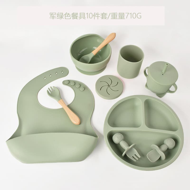 Cross-border Children's Silicone Dinner Plate with Suction Base, Food-Grade Baby Feeding Bowl Set, 10-Piece Baby Feeding Set