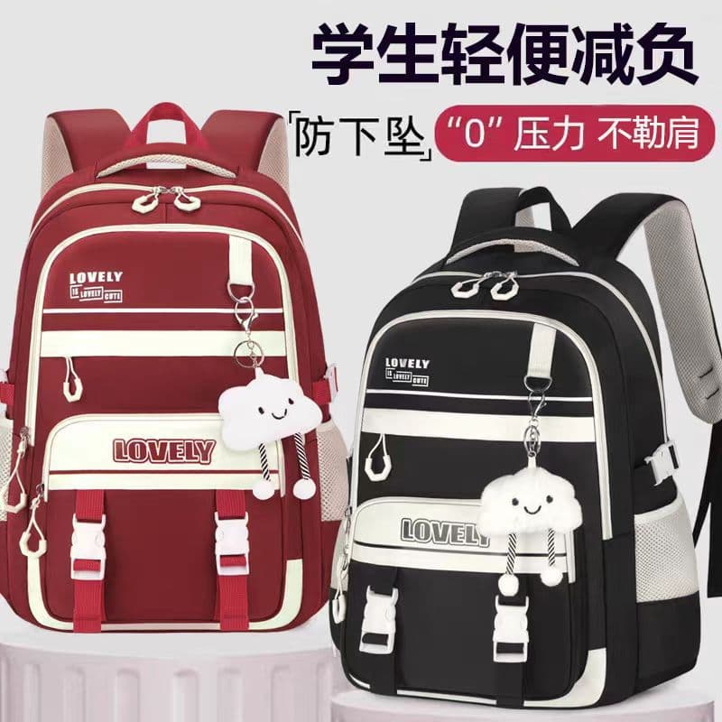 2026 New Style Elementary Middle High School Backpack for Girls, Large Capacity Lightweight Burden-Reducing Dirt-Resistant Black Red Double Shoulder Bag