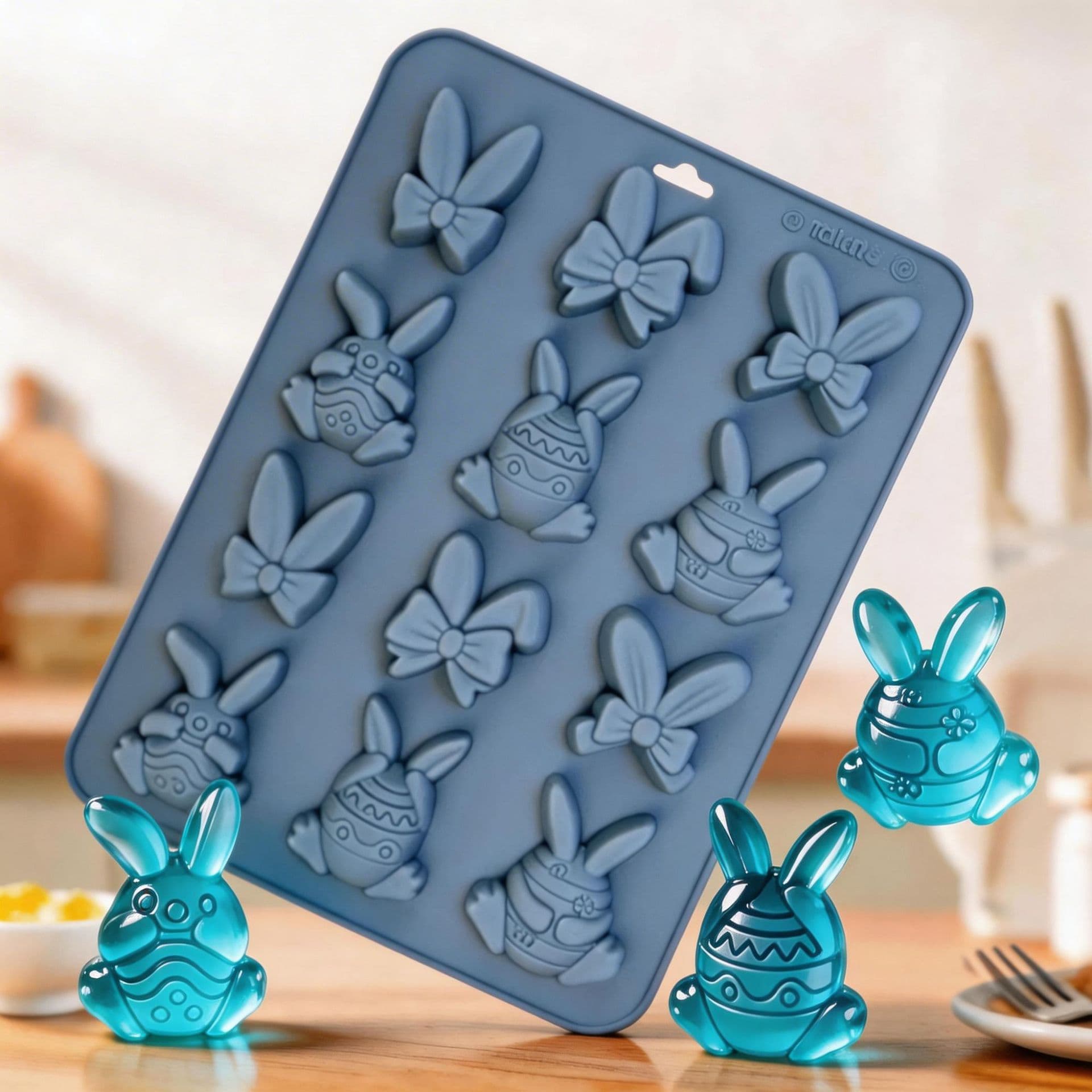 Jiashi 12-cavity Easter Bunny Chocolate Mold, Food Grade Silicone Ice Cube Tray, Bunny Ear Soft Candy Baking Mold