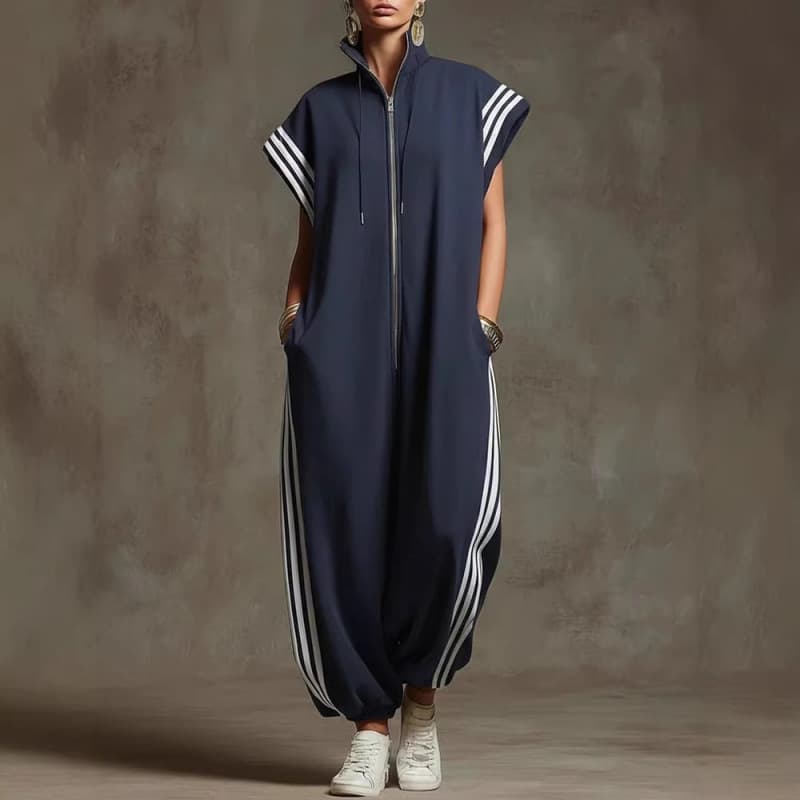 Women's Zipper Stand Collar Stripe Contrast Color Fashion Jumpsuit, Spring/Summer New