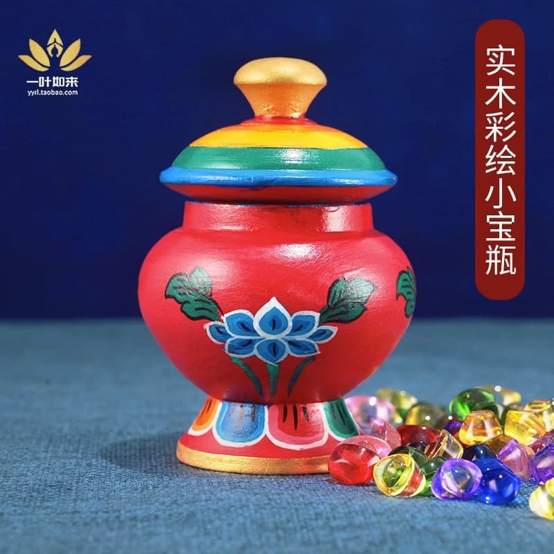 Solid Wood Treasure Vessel Colorful Lotus Seven-Colored Treasure Vase, Home Tibetan Offering Gem Tibetan-style Supply Household Ornament All Wood