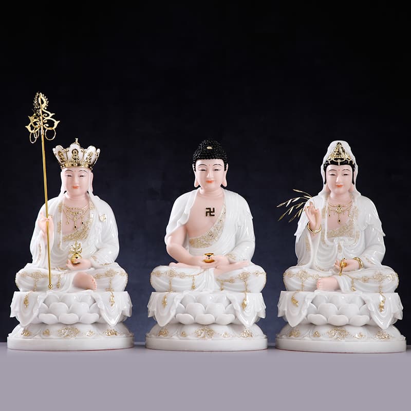 Manufacturer Direct Supply White Marble Powder White Jade Gold-Inlaid Three Saints of Saha World Buddha Statues - Home Guanyin and Ksitigarbha Ornaments, Shakyamuni