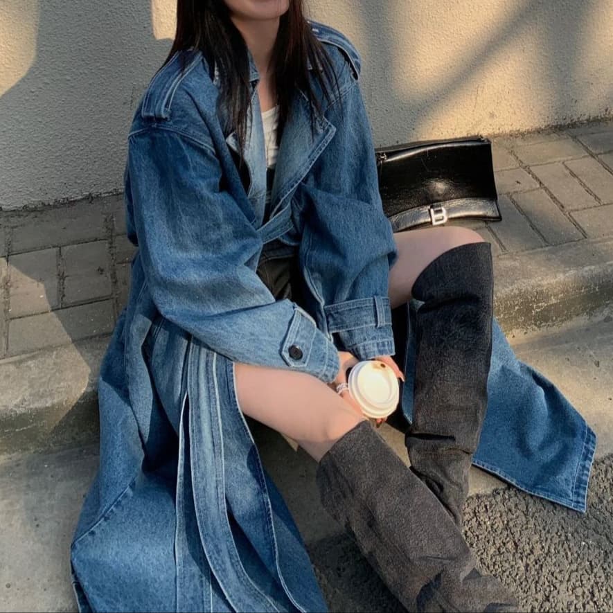 British Retro Long Denim Trench Coat for Women 2025 Autumn/Winter New Arrival Elegant Denim Coat Zhongrun