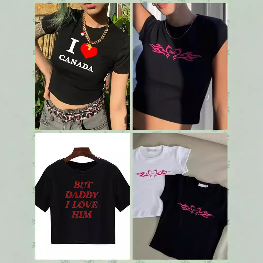 Street Style Short Sleeve T-Shirt Women Sexy Printed Ultra-Short Top Fashionable Y2K Polyester Fabric U-Neck Regular Fit Streetwear