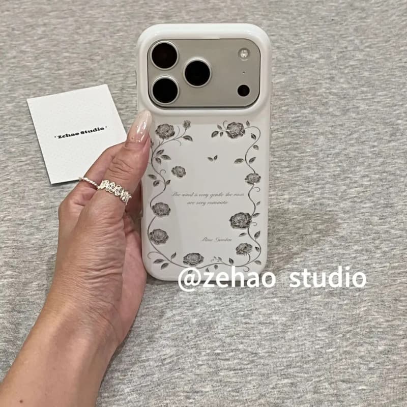 White Background Silver Vine Rose English Text Compatible with Apple iPhone 17 Pro Max Case, New iPhone 16 Protective Cover 15