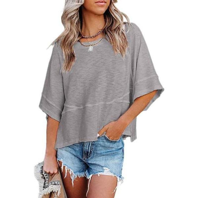 Women's Summer Casual Batwing Short Sleeve T-Shirt, Solid Color Loose Fit Basic Top