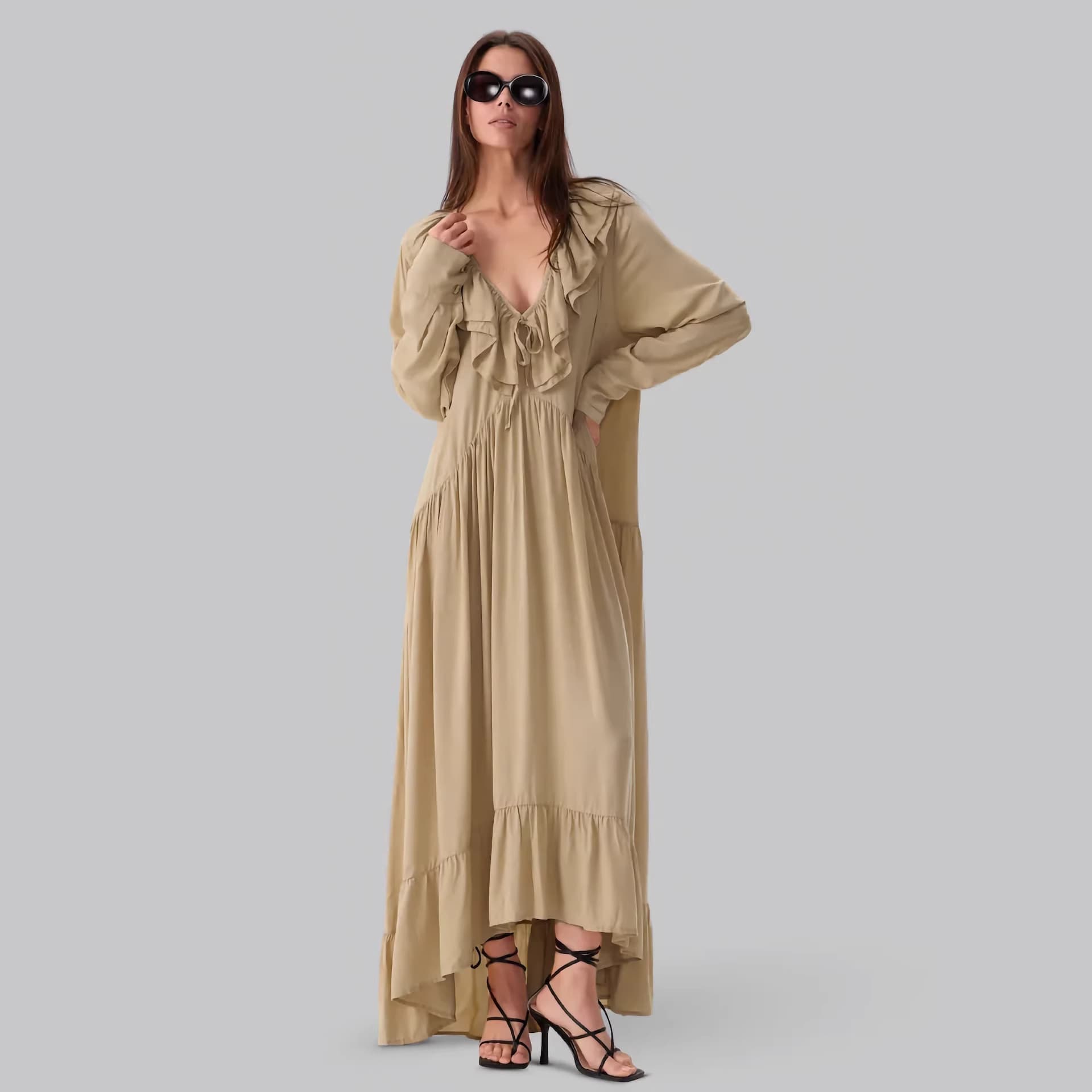 US/EU Cross-border Independent Site Resort Style 2026 Spring/Summer New Ruffle Design Flared Sleeve V-Neck Maxi Dress