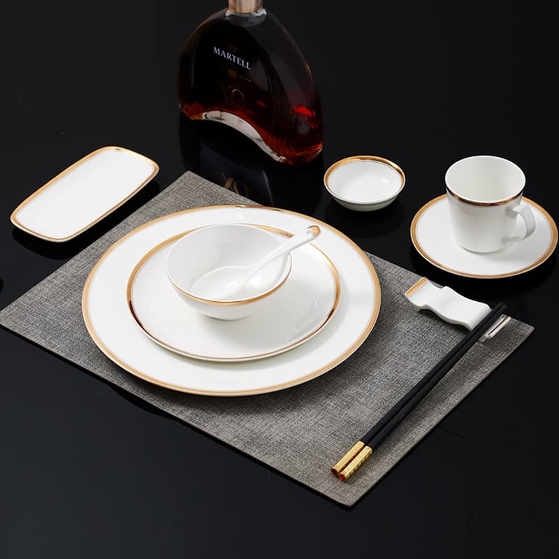 Chinese-style hotel table setting ceramic tableware three-piece set of plates, dishes, spoons and cups for restaurants and clubs, gold-inlaid relief set
