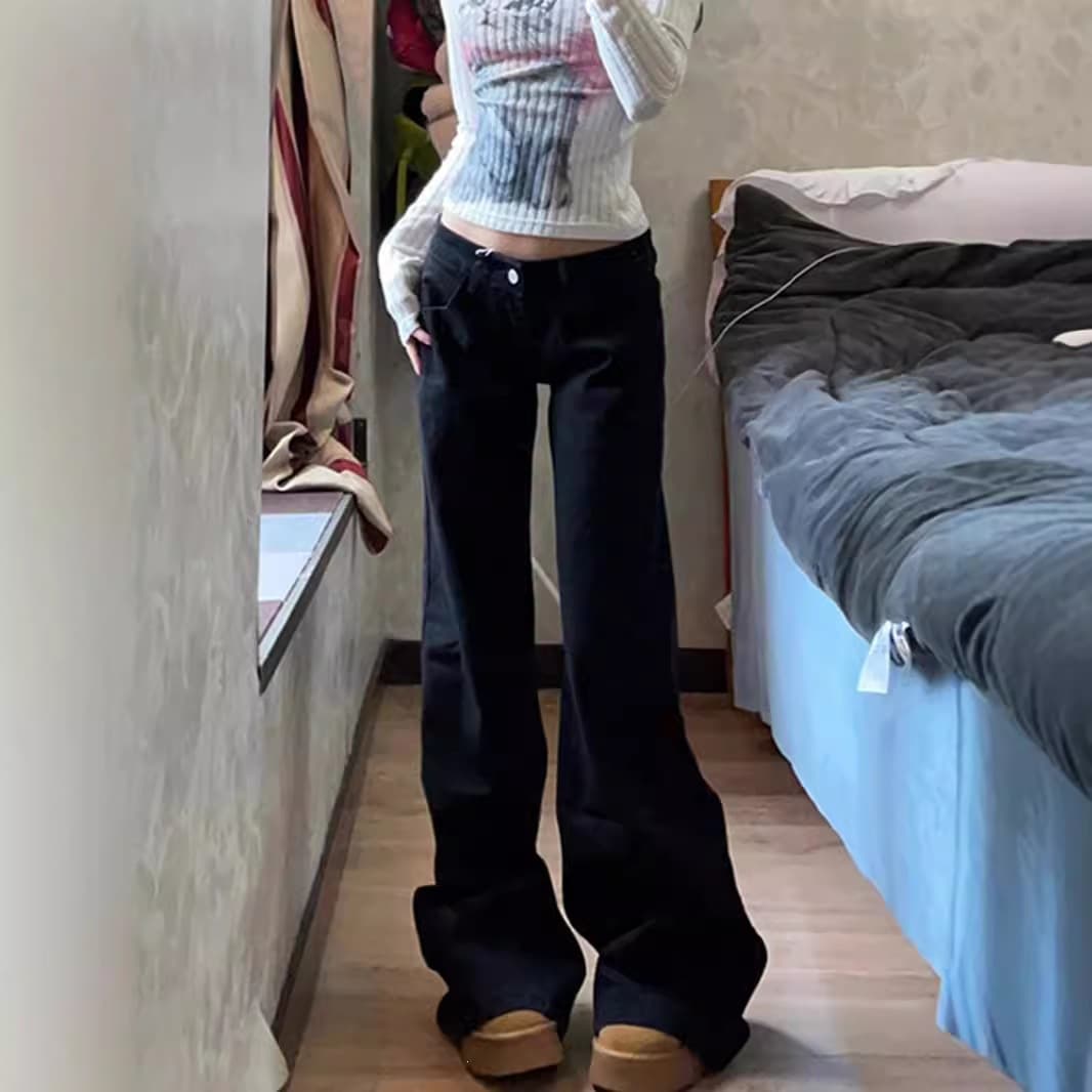 Hot girl low-waist black wide-leg bootcut jeans for women spring and autumn new style loose slimming versatile floor-length flared pants
