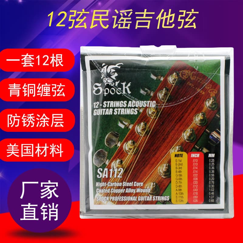 SA112 12-String Guitar Strings, 12-String Acoustic Guitar Strings, Bronze Wound Strings, Set of 12 Strings