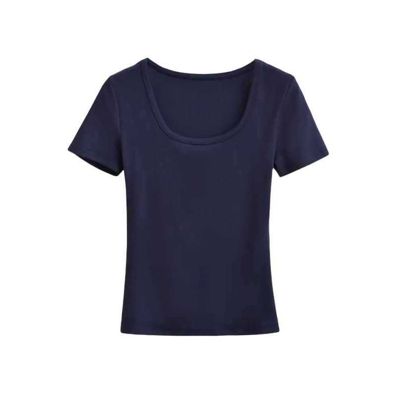 Solid color hottie low U-neck slim short-sleeved T-shirt for women spring and summer new basic simple solid color slimming top
