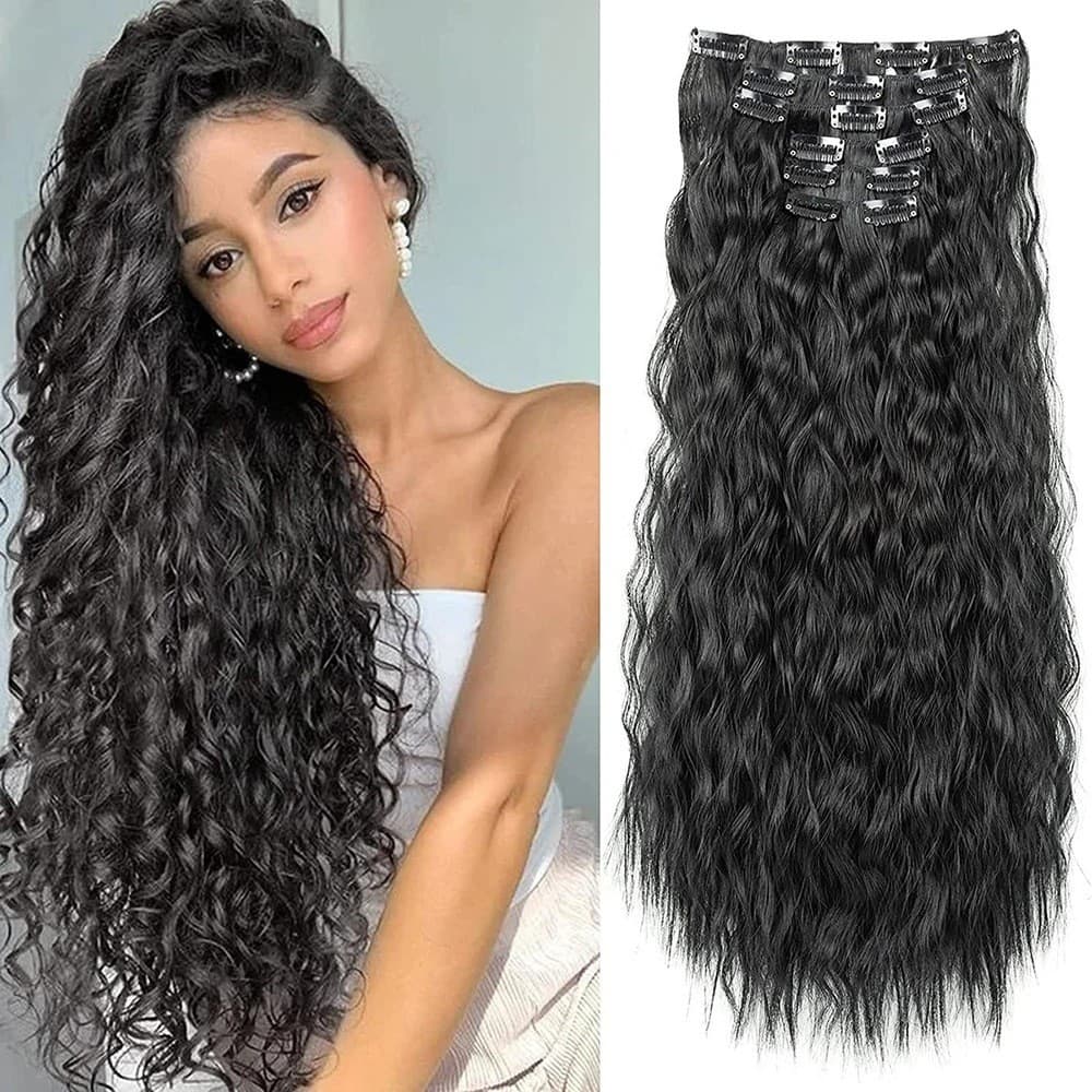 6-Piece Cornrow Curly Long Hair Extensions, 16-Clip Weft 6-Piece Set, Long Curly Weft Hairpieces, Wholesale Cross-Border Hot Sale