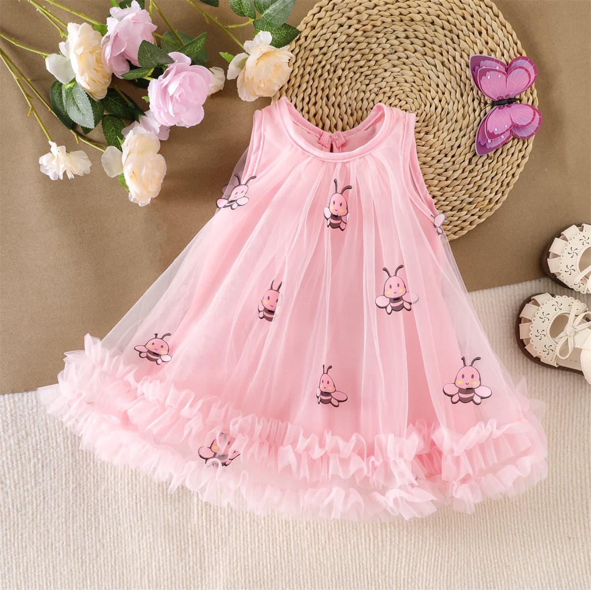 Summer New Style Export Children's Clothing Wholesale Round Neck Sleeveless Ruffle Bee Mesh Full Skirt Dress