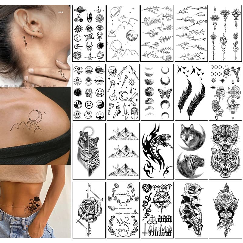 Fresh and Waterproof Temporary Tattoo Stickers - Flowers, Feathers, Animals, Symbols - Small Design Tattoo Set for Cross-Border Sales, Any Combination