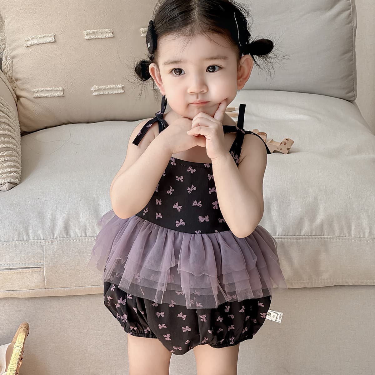 Baby clothes, summer suspenders, bow jumpsuits, baby girl's one-month-old net gauze harem summer wraps