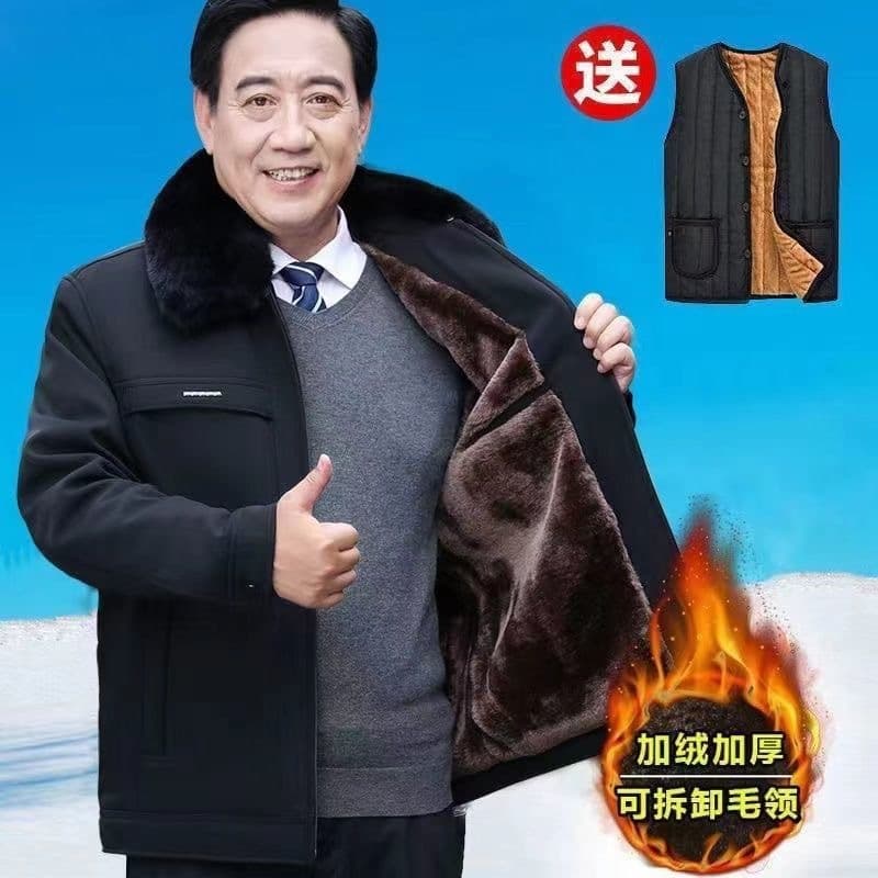 Winter Casual Cotton Coat for Men, Middle-Aged Men's Fleece-Lined Thick Cotton Padded Jacket, Father's Winter Outerwear