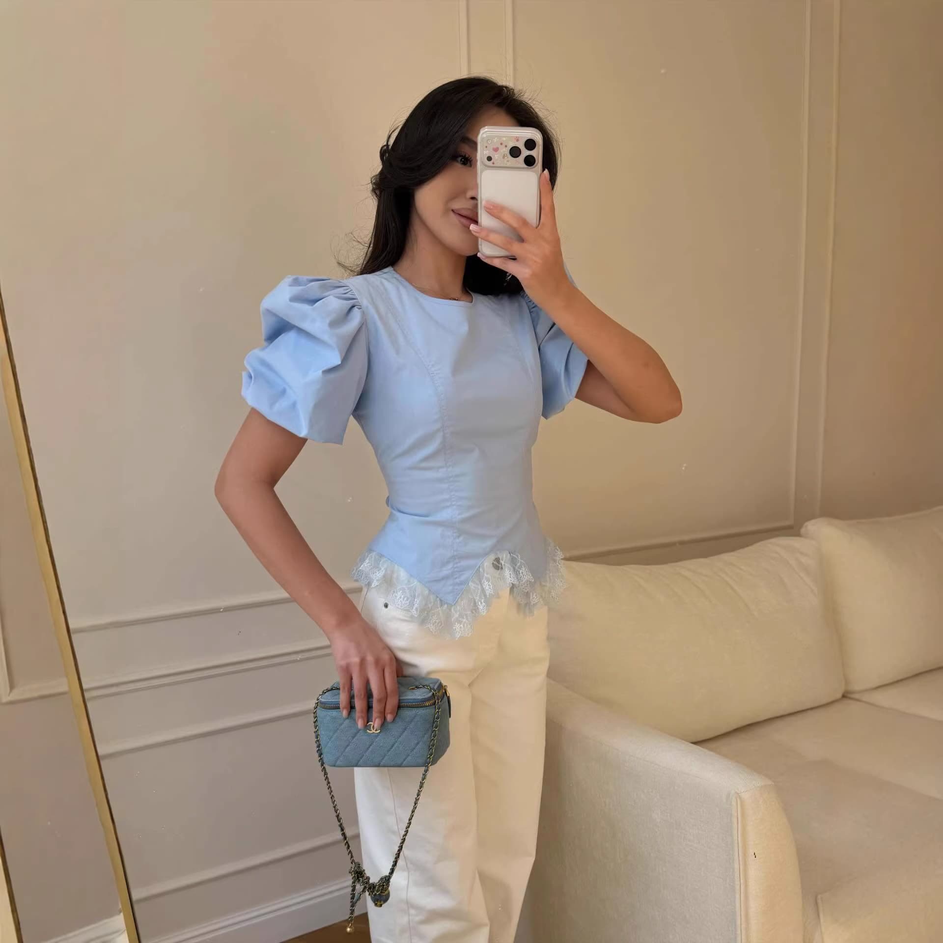 2026 New Style French Blue Lace Hem Short-Sleeve Shirt with a Stylish and Versatile Design, Wholesale Short-Sleeve Tops