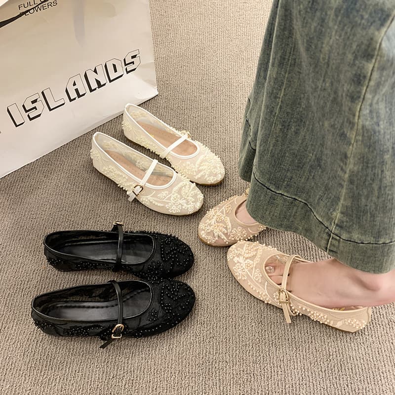 ZA Home 2026 New Women's Shoes Spanish Embroidery Fashion Low-top Embroidered Mesh Single Shoes Women's Pearl Foreign Trade