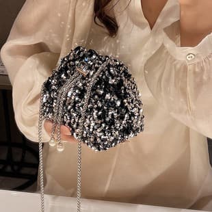 Fashionable Sequin Bag for Women 2026 New Korean Style Bucket Bag Trendy Shoulder Bag Crossbody Evening Bag
