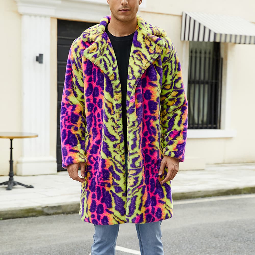F0774 Cross-border European and American Men's Faux Fur Coat, Autumn and Winter Warm Plush Coat, Leopard Print Color Block Coat