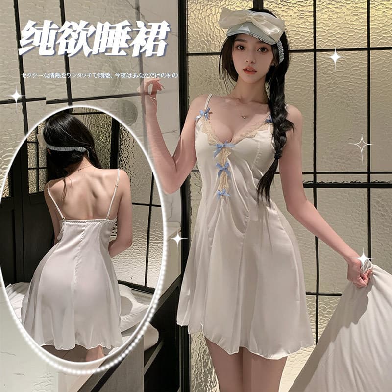 Miyu Pure Desire Style Camisole Nightgown Women's Summer New Lace Bow Ice Silk Dress Sexy Sleepwear Set