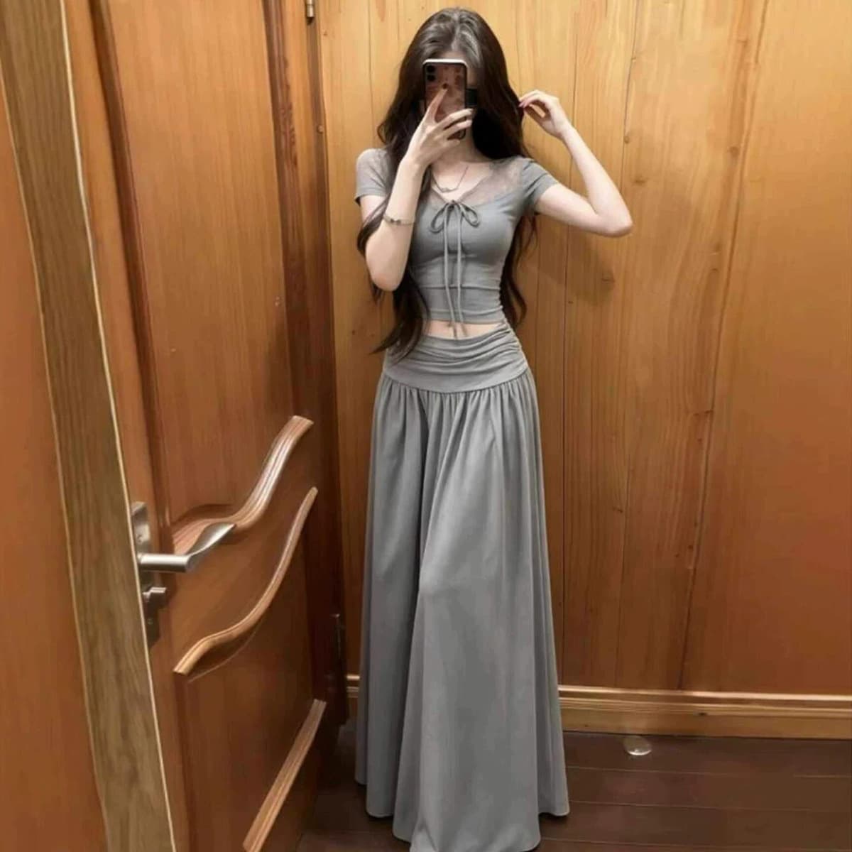 Gentle Korean Style Gray Lace Spliced Tie Top A-Line Skirt Two-Piece Set Women Slimming Elegant Set Long Skirt
