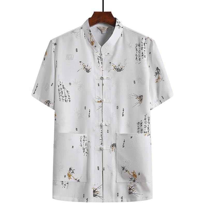 White Bamboo Leaf Pattern Printed Tang Suit, Men's Middle-Aged and Elderly Frog Button Chinese Style Stand Collar Large Size Loose Short Sleeve Casual