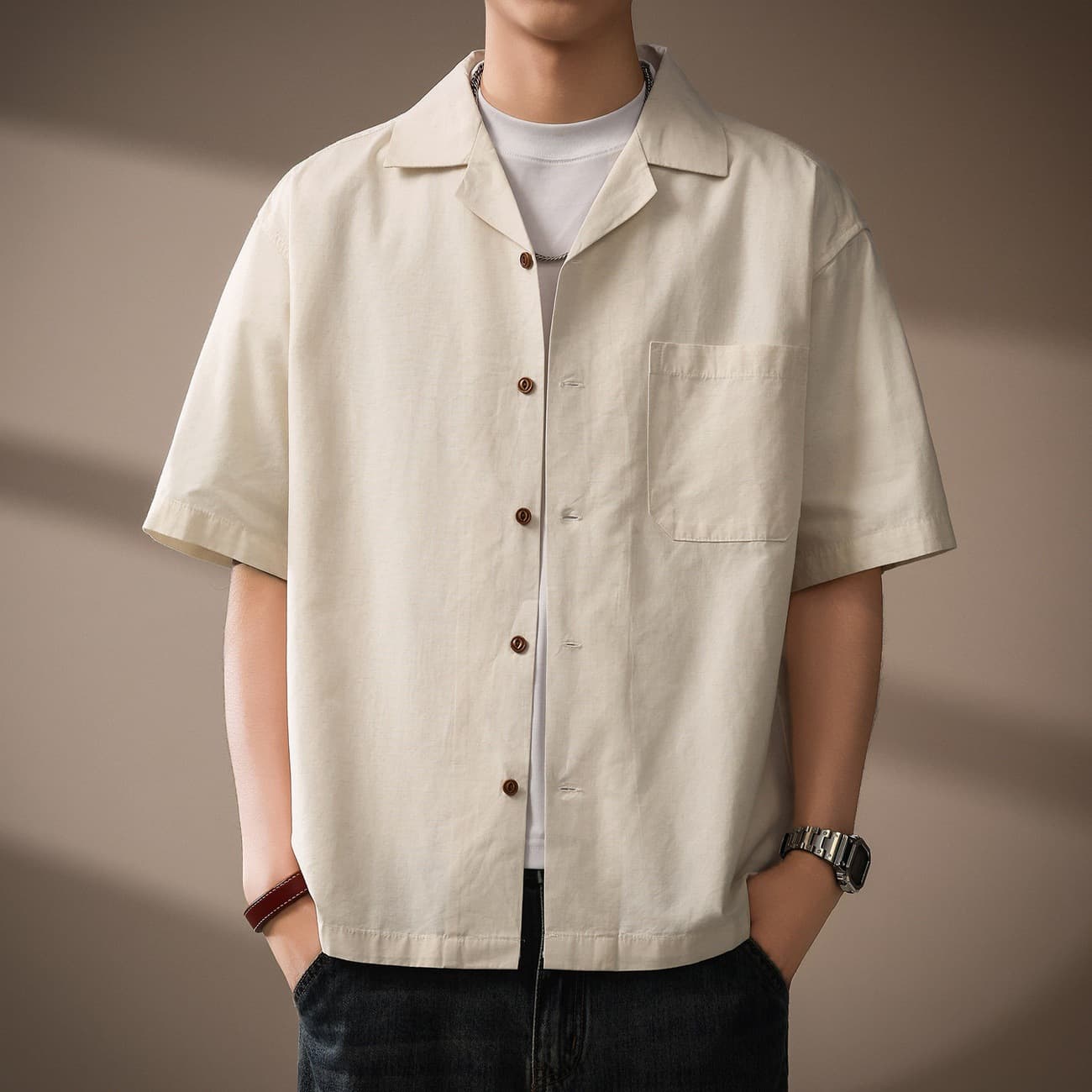 High-End American Cotton-Linen Lyocell Men's Shirt Summer New Style Old Money Cuban Collar Loose Fit Shirt