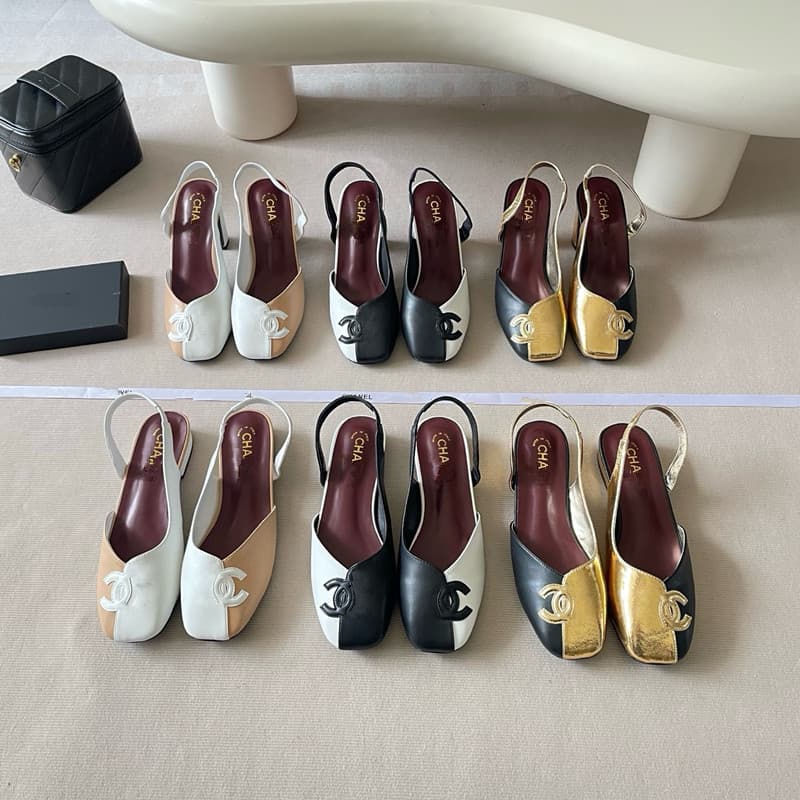 26 New Style Little Chanel Color Block Square Toe Flat Heel Sandals Women High-End Toe-Cover High Heel Chunky Heel Women Shoes Versatile Flat
