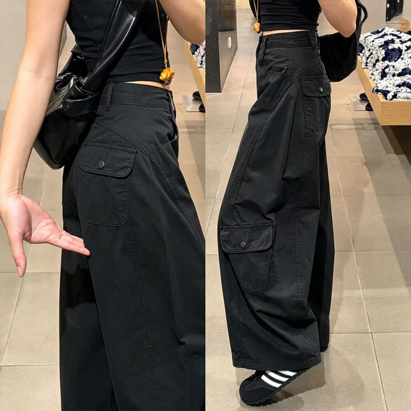 American black overalls for women summer thin large size fat mm casual pants high waist slim sports machete wide leg pants
