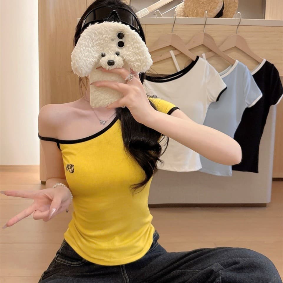 5111# Pure and sexy off-shoulder short-sleeve T-shirt, summer, color-block with embroidery, slim fit, asymmetrical top.
