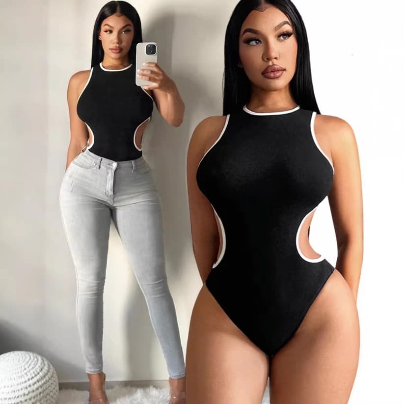 26-Year Contrast Color Panel Cross-Border Women's Sleeveless Waist-Baring Bodysuit High-Waist Tight Fit Stretch European-American Style Sexy T-Shirt