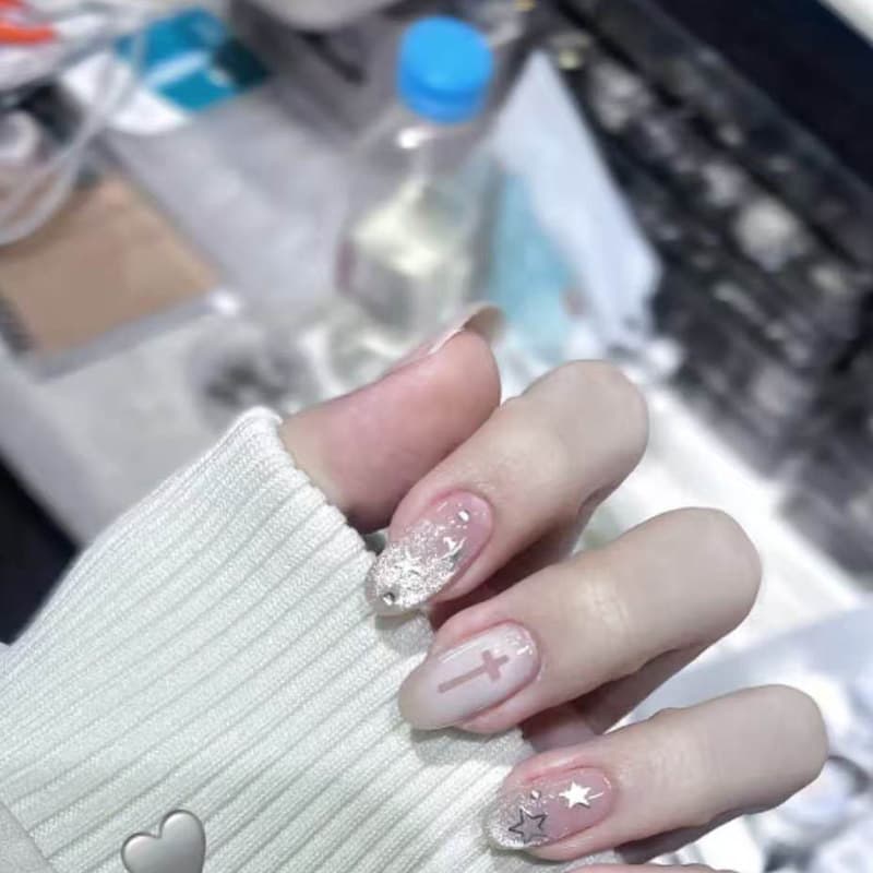Exploding Cat Eye Star Punk Hollow Metal Cross Hot Girl Sweet and Cool Handmade Wearable Manicure Long and Short