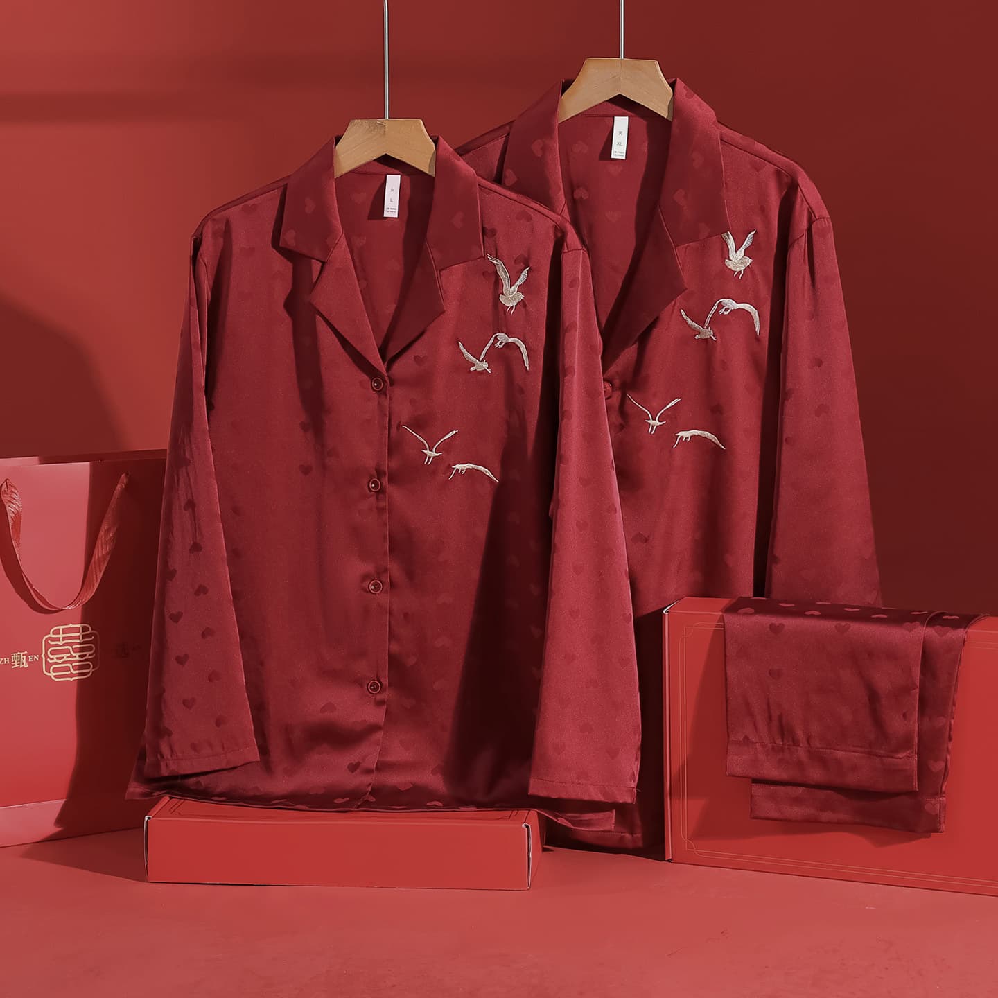 High-End Wedding Pajama Set for Couples, Ice Silk Red Festive Bridal Pajamas for Men and Women, Premium Dowry Suit