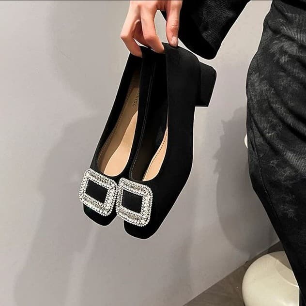 Chanel-Style Elegant Rhinestone Square-Toe Chunky Heel Women's Pumps, Low Cut, Autumn and Winter Mid-Heel Shoes to Match Skirts, Black Work Evening Shoes