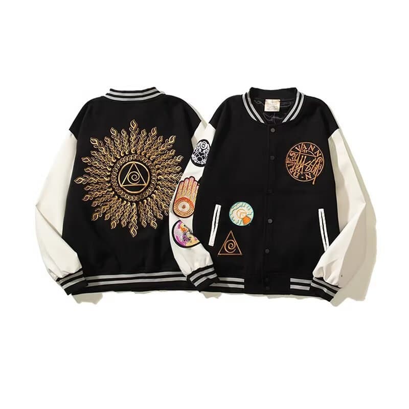 American Retro ST Sun Eye of Light Embroidery Baseball Jacket High Street Men Women Couples Internet Celebrity Same Style