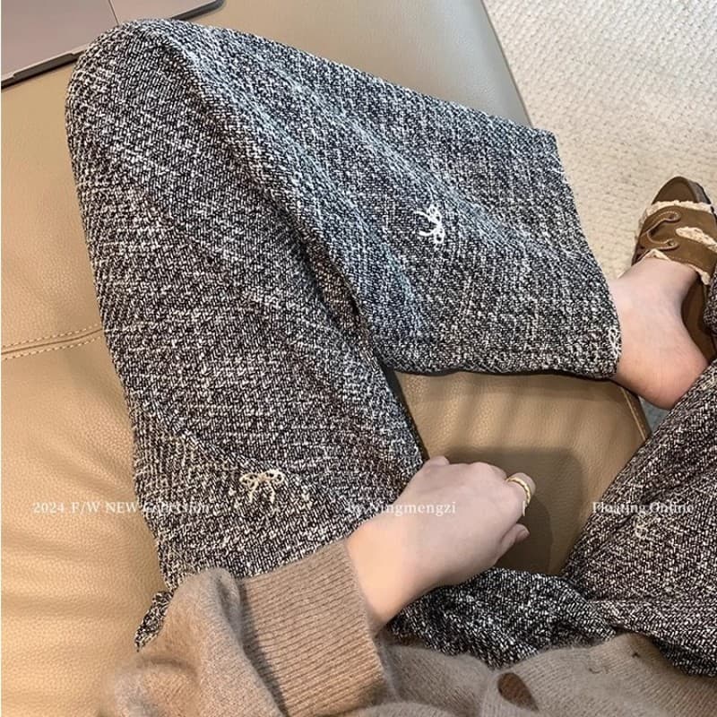 Embroidered Chanel-Style Wide-Leg Pants for Women Autumn Fashion Bow Versatile Casual Pants Loose Slimming Straight-Leg Floor-Length Trousers