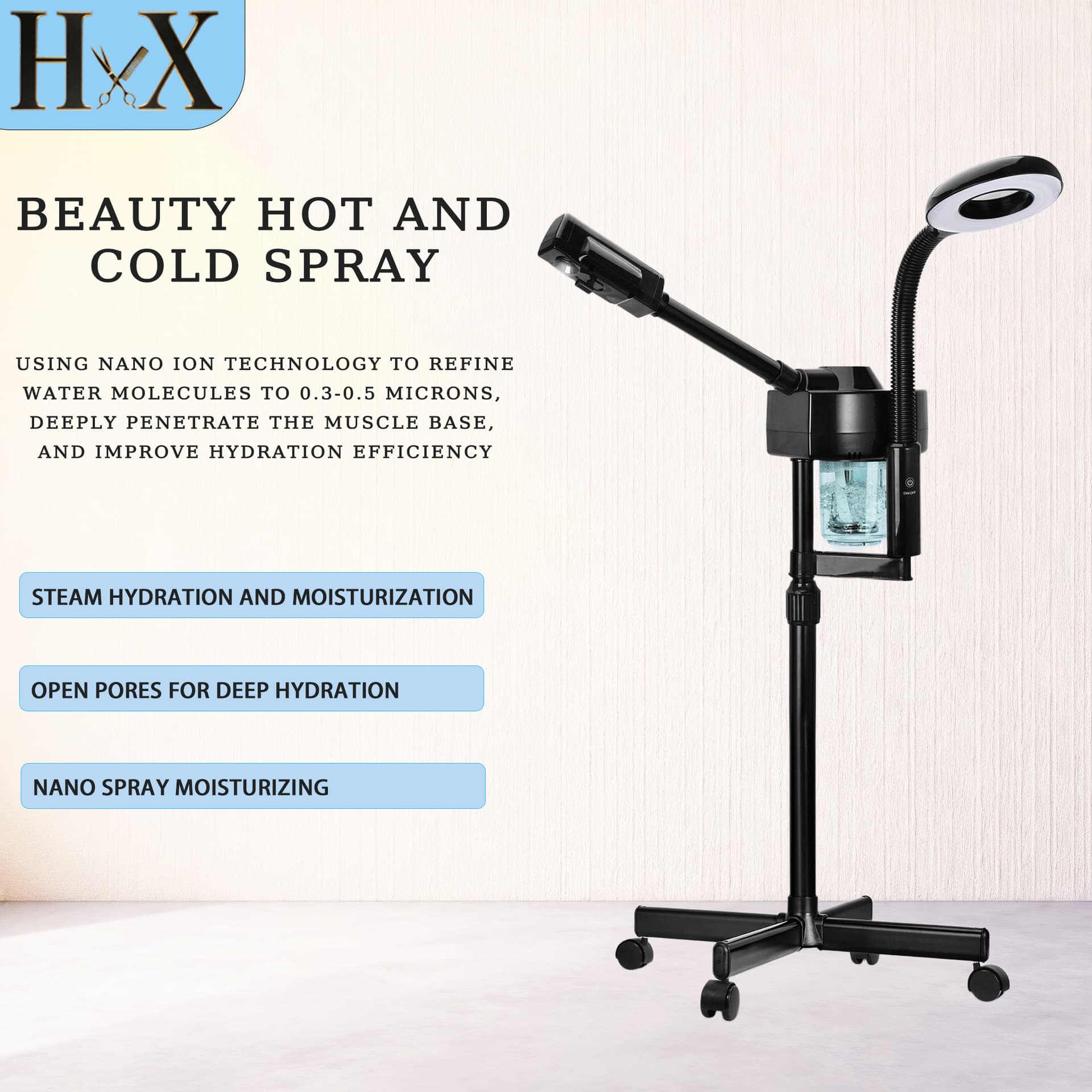 Cross-border Beauty Salon Hot Steam Facial Steamer, Pure Black 2-in-1 Magnifying Lamp, Salon Nano Spray Face Moisturizer Wholesale