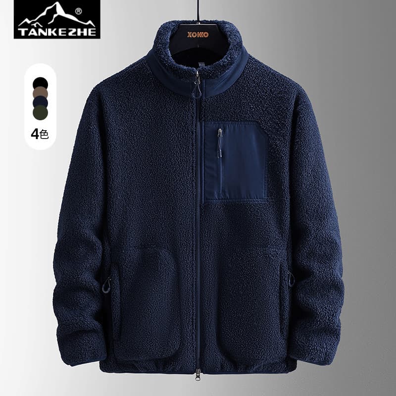 TANKEZHE Cross-Border Winter Lamb Fleece Men's Jacket, Stand Collar Fleece Jacket, Windbreaker Inner Lining