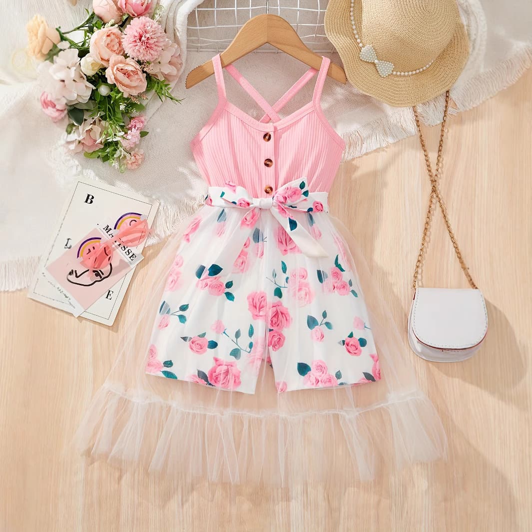 Girls Summer Floral Print Onesie Polyester Blend Soft Fabric A-Line Skirt Cute Design Mesh Splicing Full Print Suitable for Ages 1-8