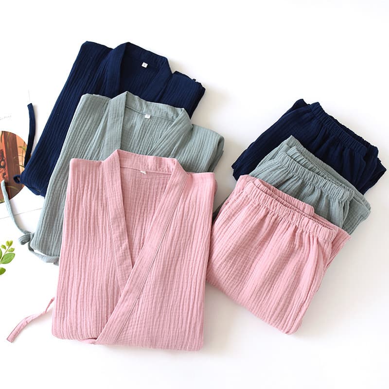 Spring/Summer Couple Cotton Yukata Japanese Kimono Pajamas Cotton Crepe Fabric Women's Three-Quarter Sleeve Long Pants Home Wear Set