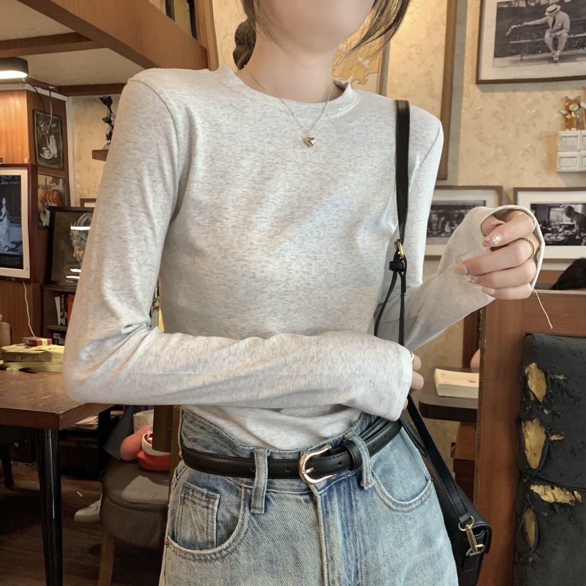 Thin Pure Cotton Slim Inner Layer Can Be Worn Out Round Neck Stylish High-End Long-Sleeve Base Layer T-Shirt Women's Top Autumn/Winter