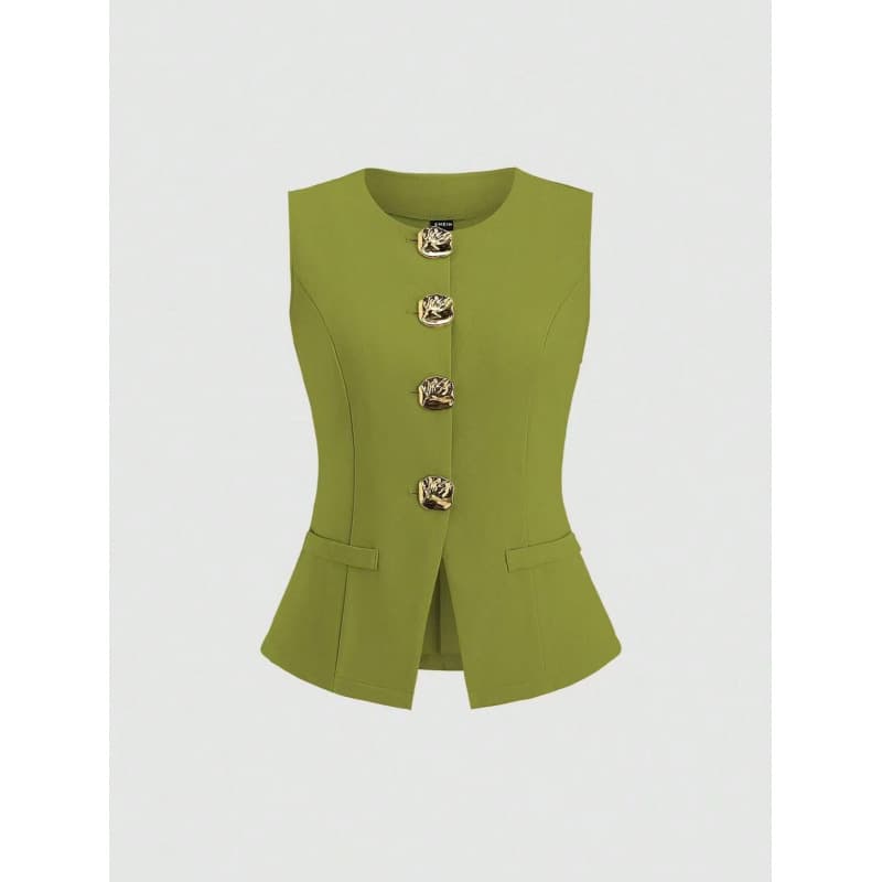 2026 Summer New Solid Color Sleeveless Vest Women European and American Style Metal Button Waist-Cinching Vest Outerwear
